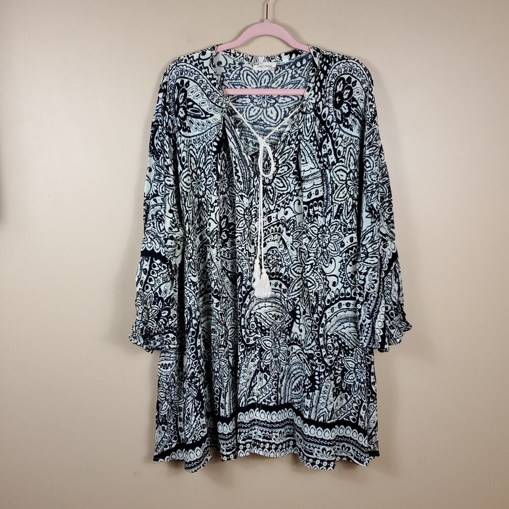 Lady's World Black and White Floral Print Bell Sleeve Tunic Blouse Size XXL